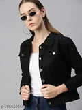 Black solid denim full sleeves jacket, trending women's wear. Soft, comfortable denim fabric and collar neck design." (104 characters)
