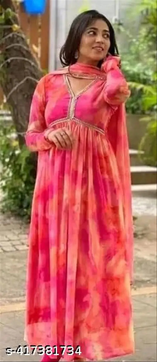 Indian Georgette Leheriya print long gown dupata set, ideal for casual to formal events, new Bollywood style dress