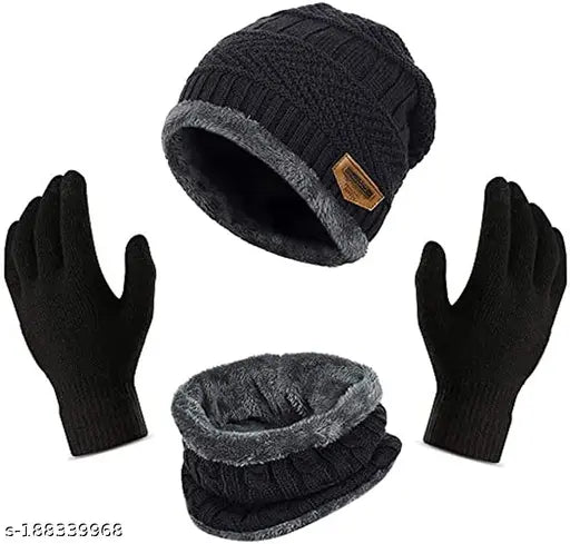 Arcylic fur-patterned balaclava cap set with gloves, one size, Indian-made accessory