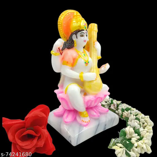 Multicolored marble Saraswati Maa idol, 12cm x 12cm x 20cm, ideal for home temple puja and festival pujan, home decor showpiece or gift item