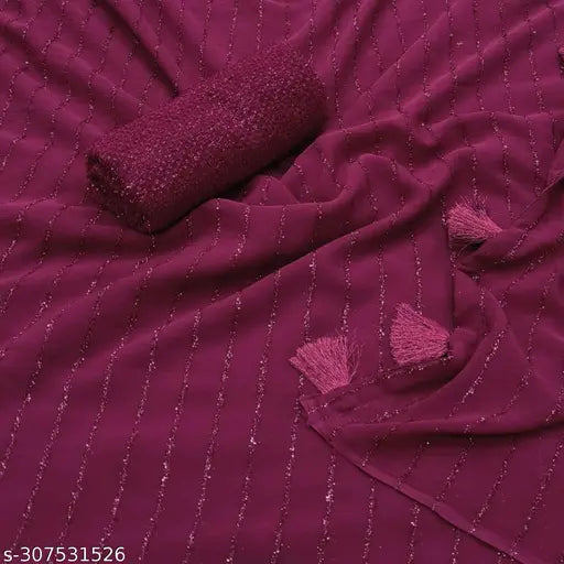 Chiffon saree with fur stripe pattern, jari tassels on pallu - elegant Indian self-design for formal events