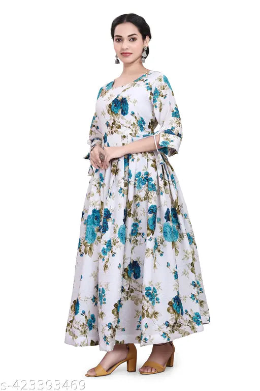 Cotton print-net long sleeve party gown for women, girls 12 years old. Indian ethnic and western style, with matching dupatta set." (98 characters)