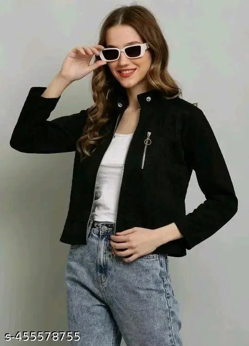Black viscose winter jacket for women, solid pattern by SK FASHION - long sleeves, size S-XL