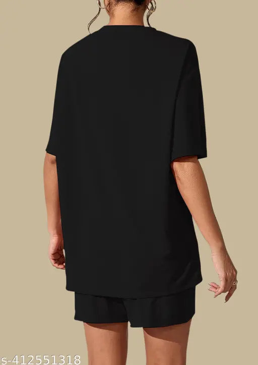 Black pure cotton printed women's sleepwear set, featuring top & shorts with half sleeves, made in India
