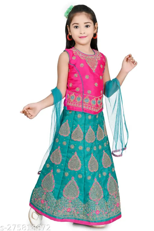 Kids girls polyester lehenga choli set with embroidered designs, sleeveless and super net dupatta, perfect for festivals and parties. Traditional Indian dress for special occasions