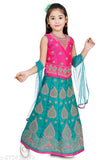 Kids girls polyester lehenga choli set with embroidered designs, sleeveless and super net dupatta, perfect for festivals and parties. Traditional Indian dress for special occasions