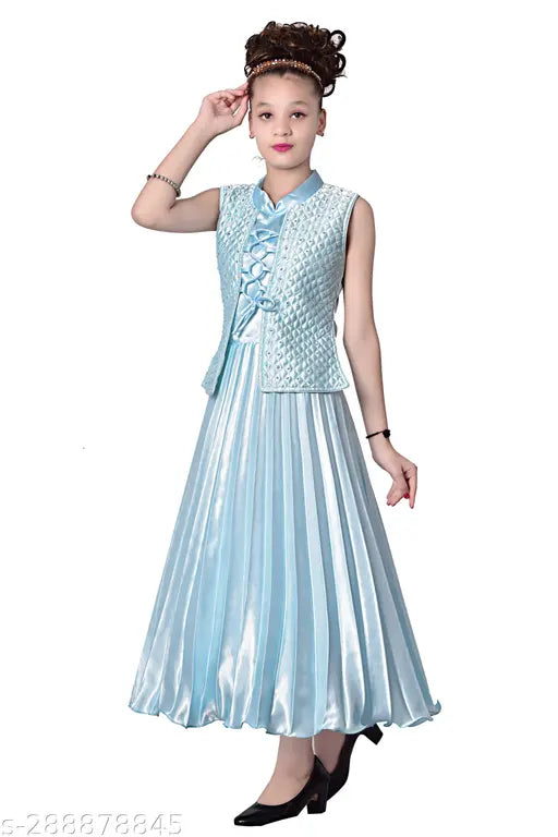 Green satin sleeveless frock dress for girls, printed net pattern, sizes 3-4yrs to 11-12yrs, Indian origin