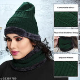 Wool winter beanie cap with neck warmer, solid design for cold weather accessory