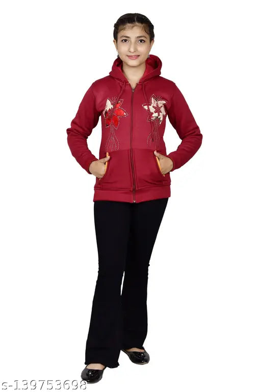 Wool DIMSY COLLECTION girls' full sleeve embroidry hooded sweatshirt, solid pattern, long sleeves