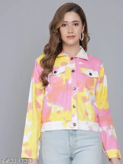 Women's cotton winter jacket, long sleeves, printed net pattern. (Size S: Bust 34in, Length 20in; Size L: Bust 38in, Length 20in)