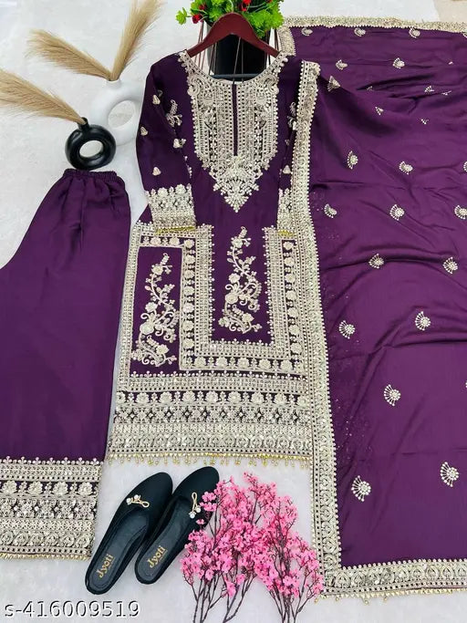 Pure Chinnon silk heavy suit with plazzo and dupatta set - embroidered, long sleeves, luxury Indian bridal wear