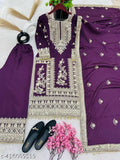 Pure Chinnon silk heavy suit with plazzo and dupatta set - embroidered, long sleeves, luxury Indian bridal wear
