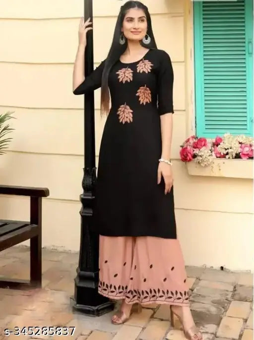Rayon and acrylic three-quarter sleeve Kurta with Plazo set for women and girls, solid pattern, Indian origin