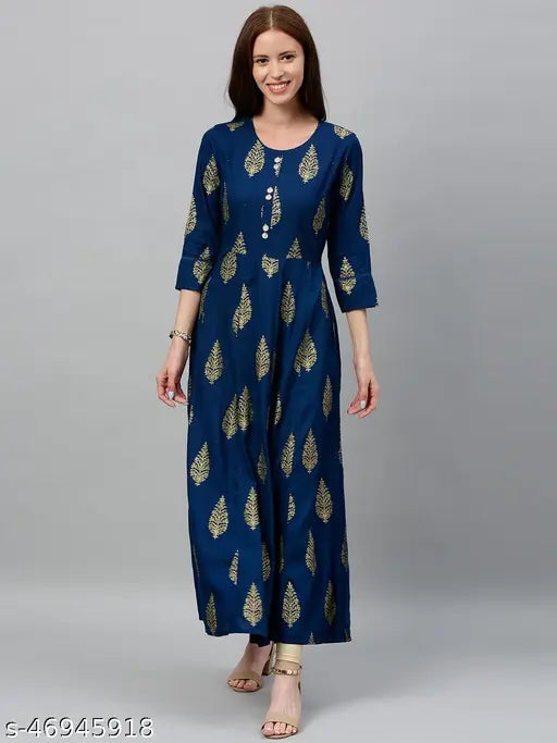 Teal Rayon Anarkali Kurta - Indian printed ethnic wear with three-quarter sleeves and a range of sizes