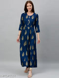 Teal Rayon Anarkali Kurta - Indian printed ethnic wear with three-quarter sleeves and a range of sizes