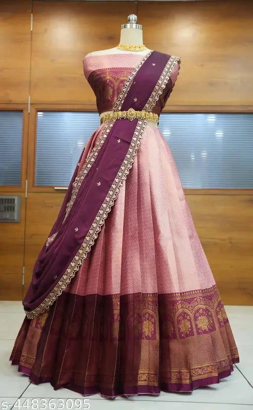 Art Silk semi-stitched South Indian style Zari work Half Saree with Embroidered Rangoli Dupatta, Litchi silk fabric