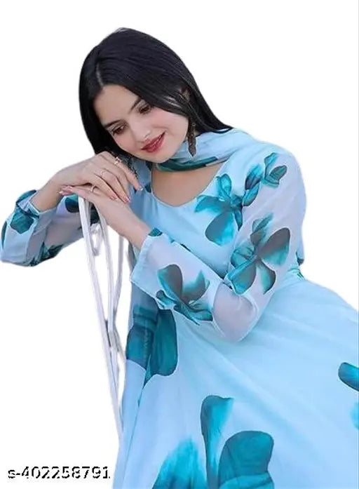 Sky Blue Georgette Women's Floral Print Anarkali Gown - Elegant, full-sleeve style for special occasions or casual wear, India origin