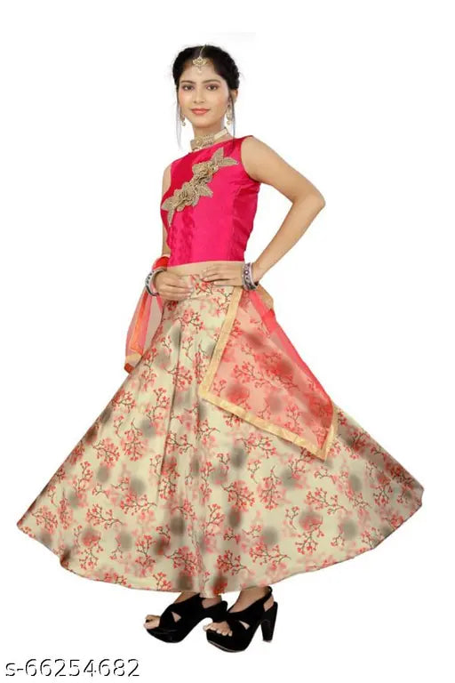 Floral print cotton blend lehenga choli set with dupatta, Indian ethnic wear for 2-14 years, plum and pink, high quality satin fabric