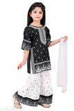 Rayon ethnic print kurtas with sharara bottoms and dupatta, Indian fashion for girls aged 2-10 years