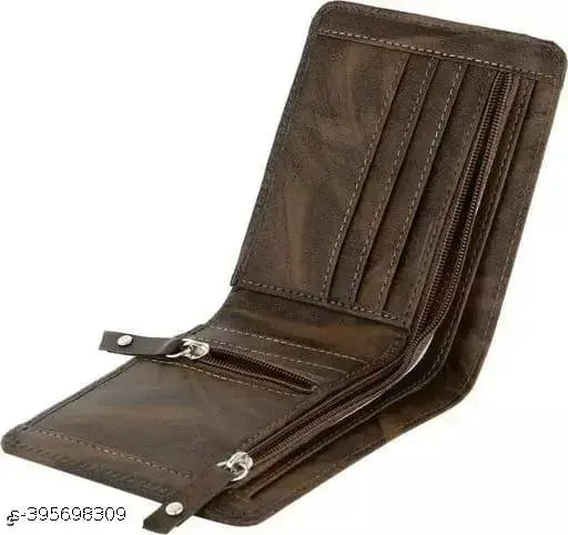 PU leather Fz Star wallet, solid brown design with two zip pockets, five card slots, and two currency compartments