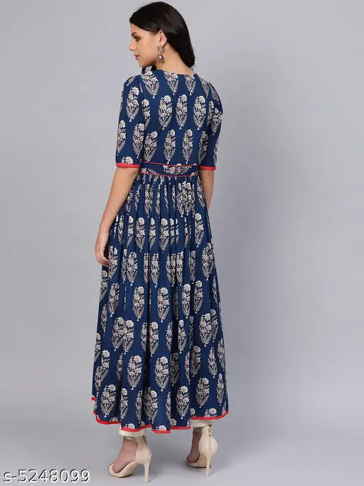 Cotton floral printed pleated kurti for women, short sleeves, India origin