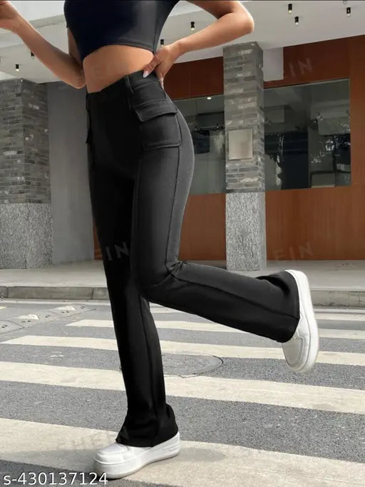 Black viscose-polyester blend trouser, solid pattern, comfortable fit, elastic waistband - FAMISS Fashion Trousers for daily wear (India)