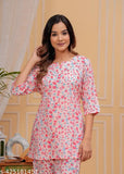 Pink rayon nightsuit for women and girls, featuring three-quarter sleeves and a printed net pattern. Available in sizes S-XXXL, ideal for nightwear comfort. Made in India