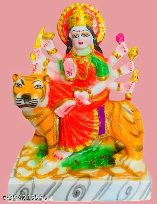 Marble Goddess Durga Mata idol for car dashboard, home decor, office showpiece, Diwali gift. Multi-colored, 8 cm (L) x 5 cm (B) x 14 cm (H). Indian origin