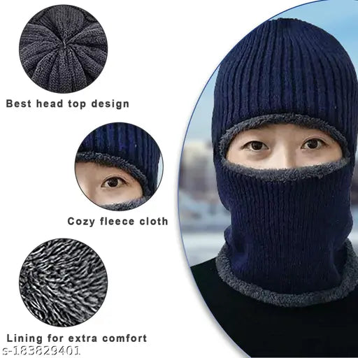 Zaysoo snow proof fur-lined unisex monkey beanie cap, breathable knit acrylic with soft fur lining. Wear as balaclava, skull mask, or hat for outdoor activities. Durable, warm, and moisture-wicking, made in India