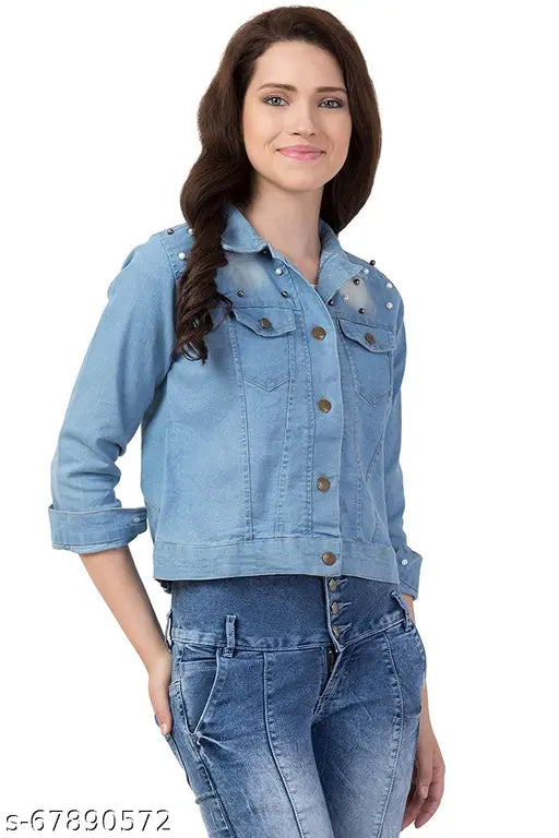 Women's Monkey Wash Denim Jacket, three-quarter sleeves, denim fabric, solid pattern, India-made
