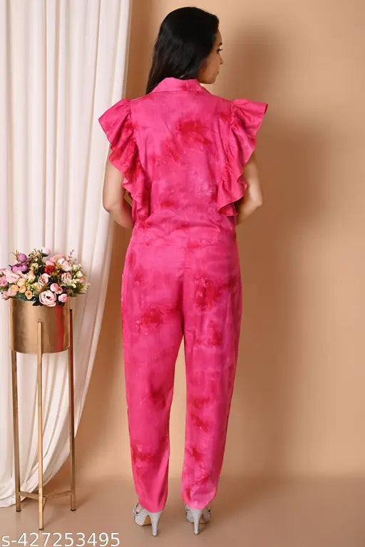 Cotton tie-dye women's ruffle jumpsuit, vibrant and trendy, perfect for summer events in sizes S-XL