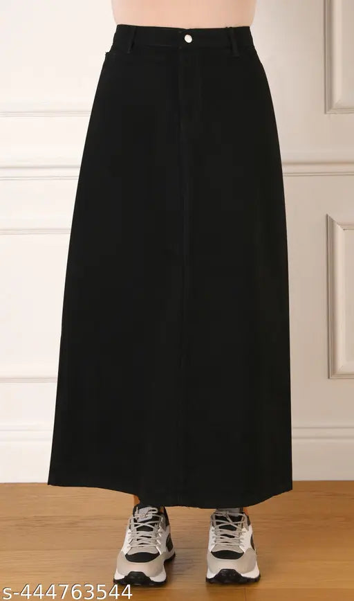 Denim maxi skirt with zip A-line, lightweight and breathable, black color, fits all body types, home washable, trendy denim for women, Sizes: 26/26in/32in/35in, 28/28in/32in/37in, 30/30in/32in/39in, etc. (India)