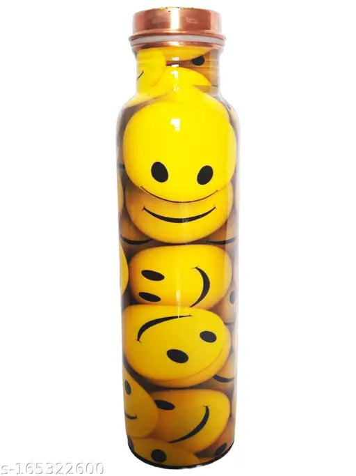 Yellow copper water bottle with Meena smile print, 1 liter, leak-proof, handcrafted in India