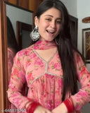 Long sleeve printed net georgette gown, flattering all body types, rich big flower digital print with samosa design lace border, cotton lining, 3/4 sleeve, fancy round neck, comes with contrast matching dupatta