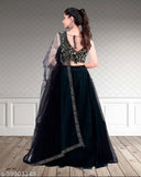 Black velvet semi-stitched lehenga choli set with golden dupatta, featuring sequin work and net fabric, suitable for parties and weddings
