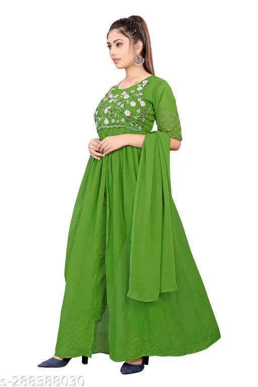 Georgette dupatta set on long fancy silk gown, designer Jal Pari embroidered with front cut design, available in various sizes