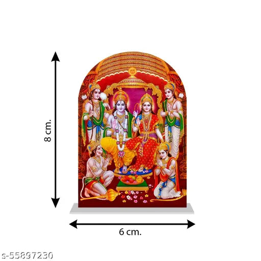 Multicolor acrylic statuette of Lord Shree Ram for car dashboard, home decor, office study table, and gift item. Perfectly sized at 8 cm x 6 cm x 2 cm. Divine look with excellent cuts. Suitable for spiritual gifting or temple decoration. Made in India