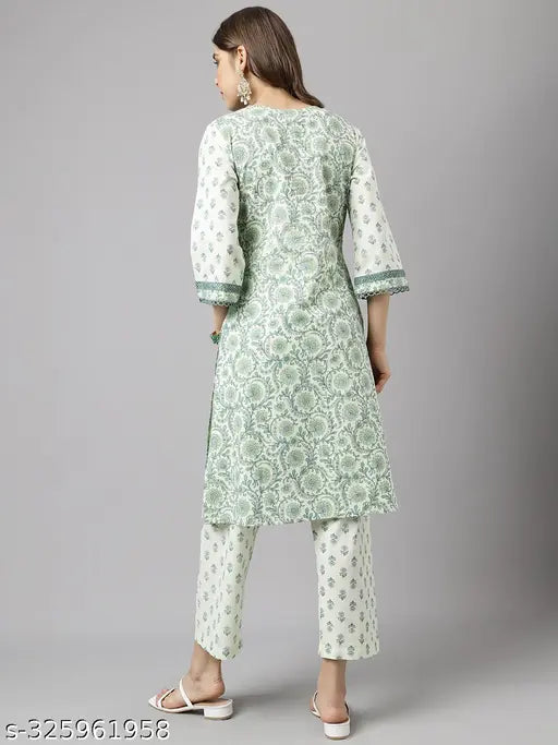 Mint green pure cotton Fiorra kurta set with palazzos, floral print and 3/4 sleeve, suitable for festive occasions