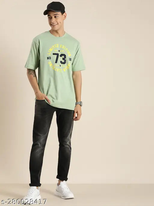 Cotton men's round green t-shirt with printed typography, oversized fit for casual style, made in India (S: Chest 42in, Length 29in; M: Chest 44in, Length 30in; XXL: Chest 49in, Length 32in)