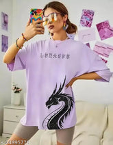 Purple dragon print oversize cotton-blend women's t-shirt with three-quarter sleeves, perfect for fashionable casual wear