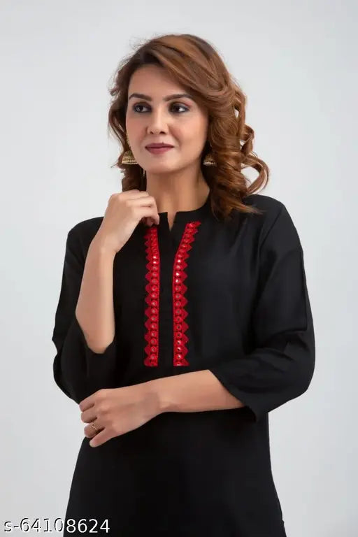 Black rayon kurta with red rayon palazzo, printed net pattern on display, three-quarter sleeve set, India origin