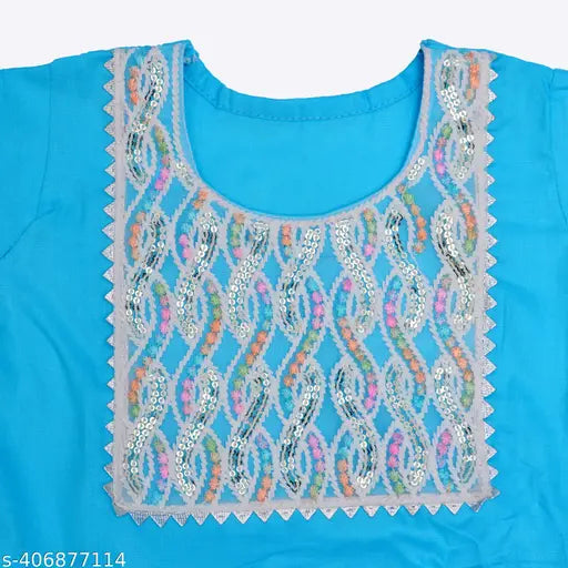 Rayon and Chanderi Silk girl cloth set with A-line tops (knee/calf length, self-design pattern, sleeveless/three-quarter sleeves), and pants. Indian-made, suitable for kids aged 0-2 years