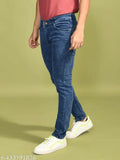 Slim fit men's denim, solid blue color, regular denim fabric for casual wear