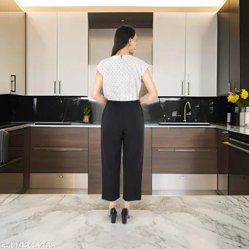 Pearl N Vera white crepe jumpsuit with black dot print - high-quality, versatile, comfortable crepe jumpsuit in classic design, suitable for casual to semi-formal events. Available sizes: S, M, L, XL, Free Size (India)