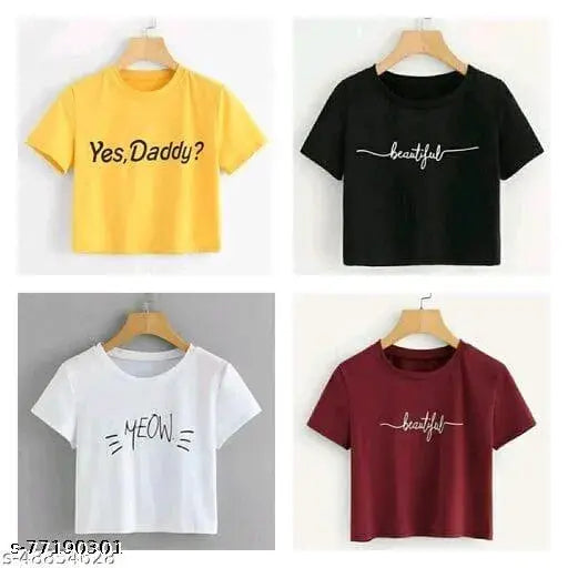 Printed cotton round neck T-shirt for women, short sleeves, colorful pattern, trendy casual or party wear, country of origin: India (size S: 34, M: 36, L: 38, XL: 40)