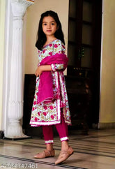 Pink rayon anarkali pyjama set for kids, printed with three-quarter sleeves and dupatta, Indian fashion for 5-12 years