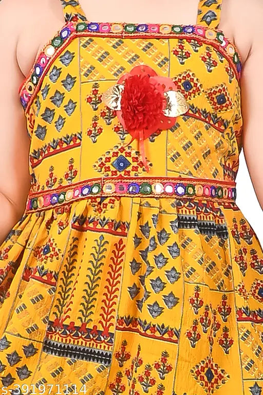 Premium Quality Rajasthani Palazzo Pant Top & Dupatta, multicolor cotton blend for kids, Indian traditional print and yellow dupatta included