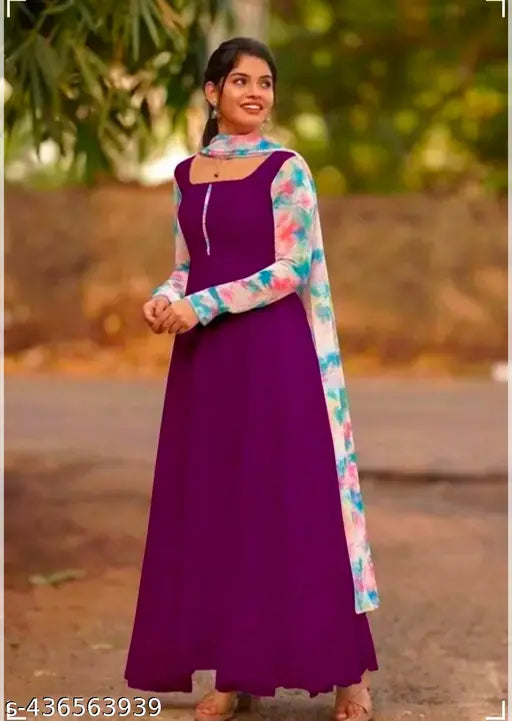 Wine-colored Georgette wine gown1 with long sleeves, matching printed kurti and dupatta in pastel shades. Made in India, high-quality fabrics