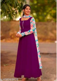 Wine-colored Georgette wine gown1 with long sleeves, matching printed kurti and dupatta in pastel shades. Made in India, high-quality fabrics