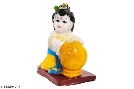 Poly resin Lord Krishna statue eating Makhan - religious showpiece, eco-friendly Indian pooja gift item for home decor and office